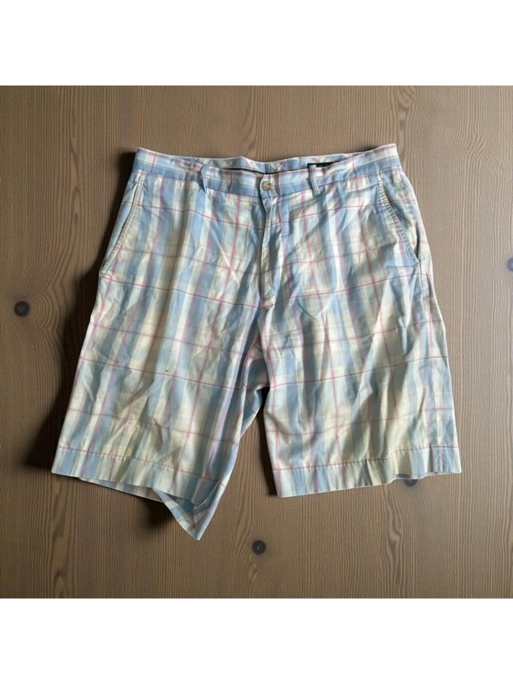 BOBBY JONES Blue Plaid Gold Pleated Shorts Size 34